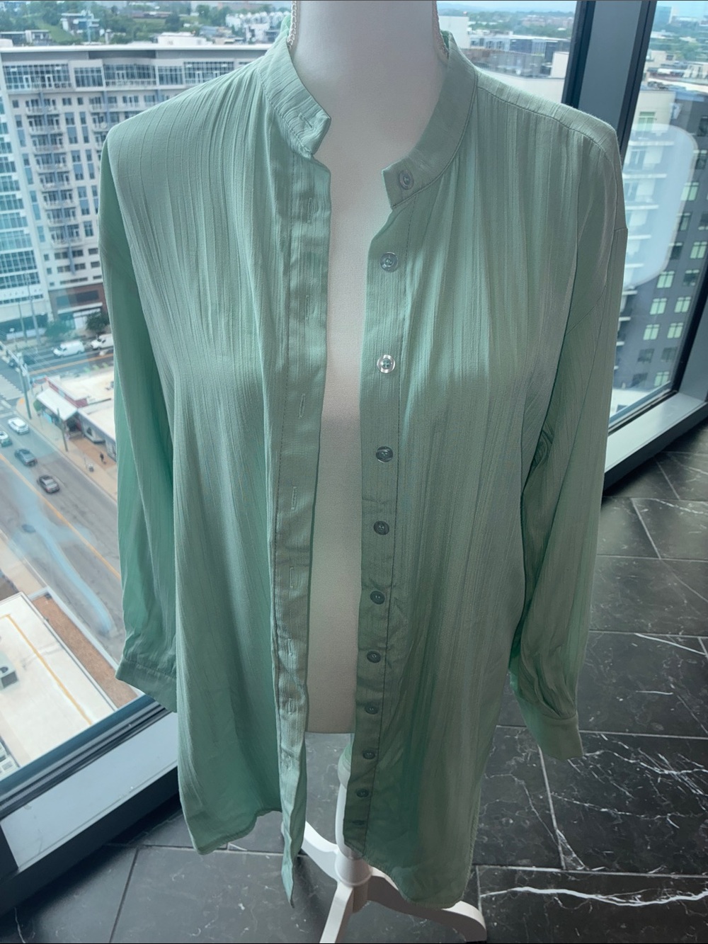Light Green Band Collar Button-Down Women's Top